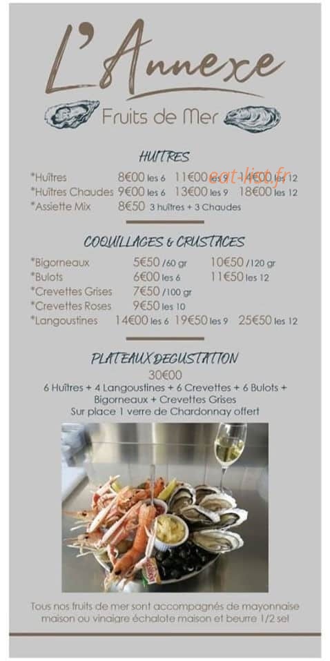Carte et menu de L'Annexe à La Tranche sur Mer — Huîtres, coquillages, crustacés,...