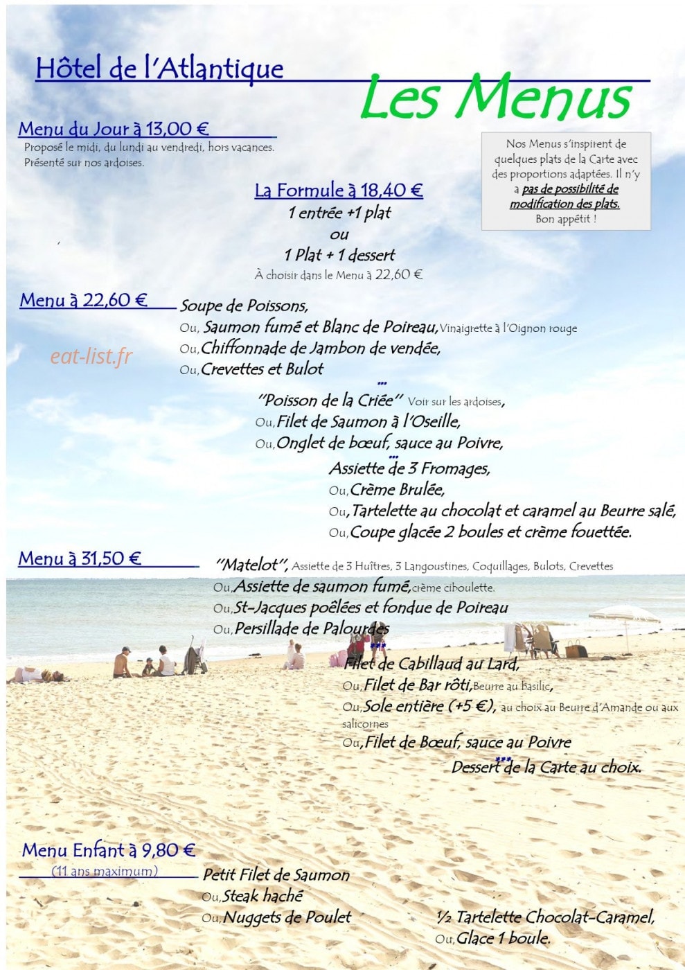 Carte et menu de L'atlantique à La Tranche sur Mer — Les menus