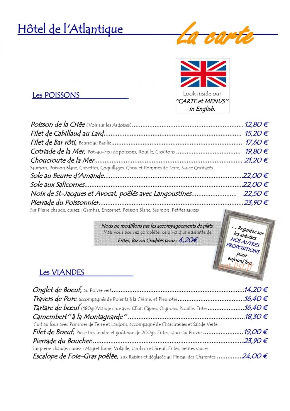Carte et menu de L'atlantique à La Tranche sur Mer — Les poissons et viandes