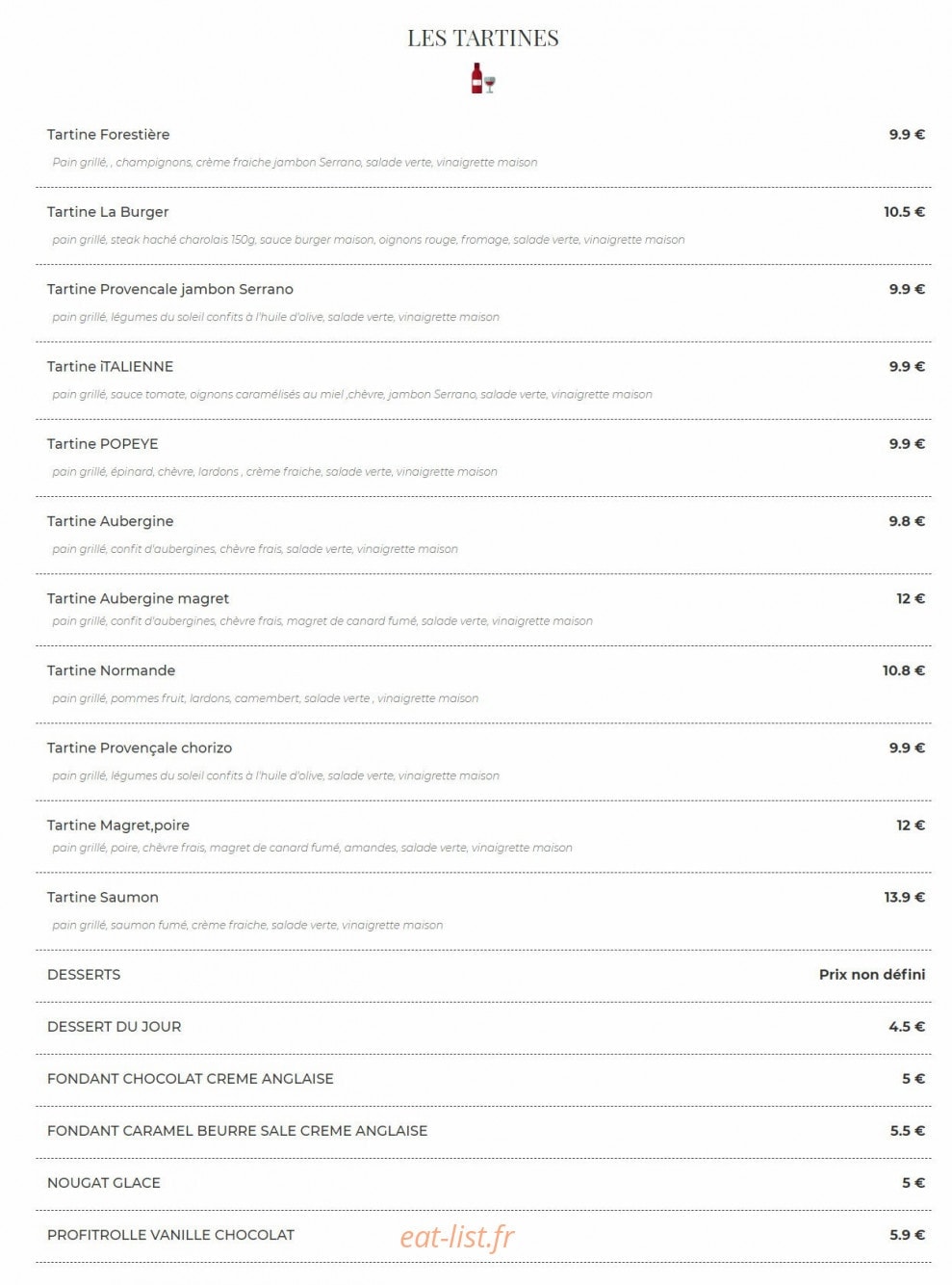 Tartines & Vins — carte page 1