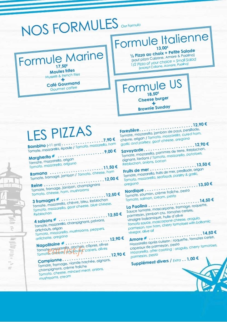 Carte et menu de La Pizzeria du lac à Talmont Saint Hilaire — pizzas et formules
