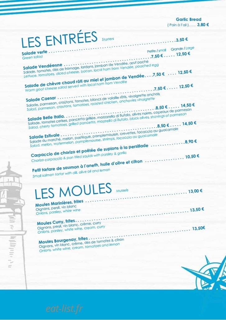 Carte et menu de La Pizzeria du lac à Talmont Saint Hilaire — Les entrées...