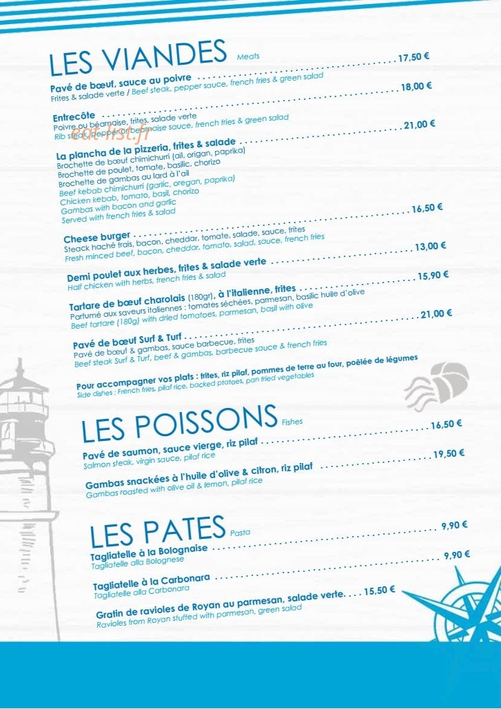 Carte et menu de La Pizzeria du lac à Talmont Saint Hilaire — Les viandes,...