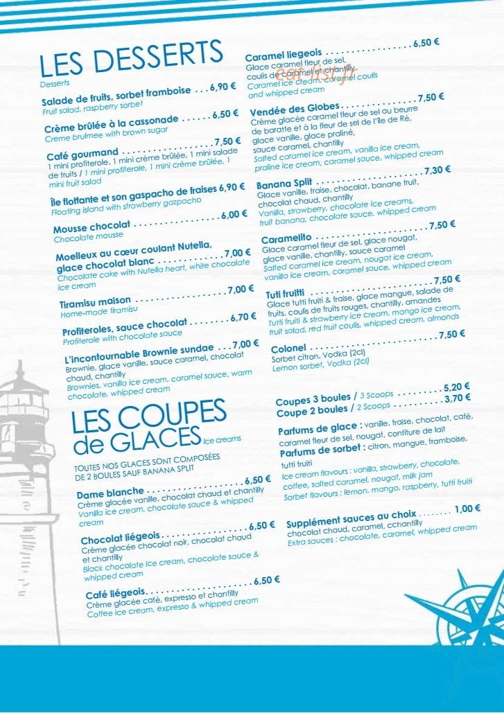 Carte et menu de La Pizzeria du lac à Talmont Saint Hilaire — Les desserts,...