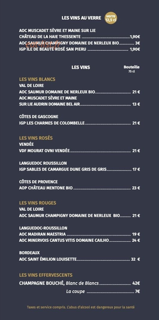 Carte et menu de Le Bistrot De Bourgenay à Talmont Saint Hilaire — Les vins