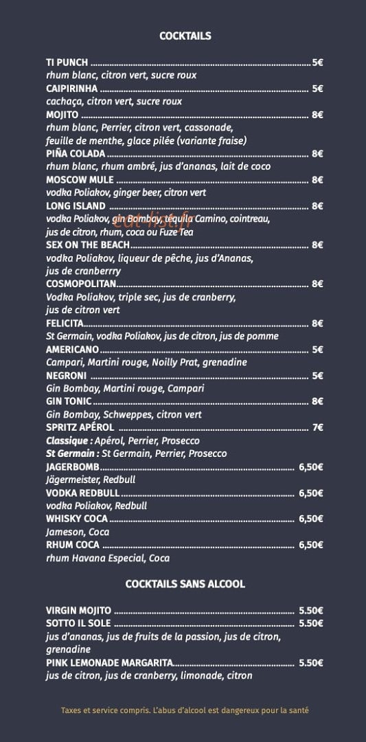 Carte et menu de Le Bistrot De Bourgenay à Talmont Saint Hilaire — Les cocktails