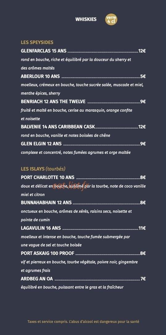 Carte et menu de Le Bistrot De Bourgenay à Talmont Saint Hilaire — Les whiskies