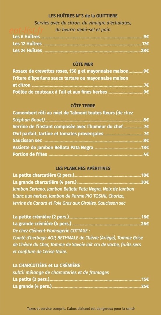Carte et menu de Le Bistrot De Bourgenay à Talmont Saint Hilaire — La carte