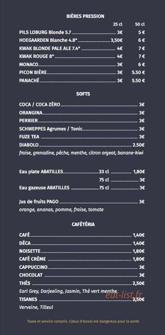Carte et menu de Le Bistrot De Bourgenay à Talmont Saint Hilaire — Les bières, softs, ...