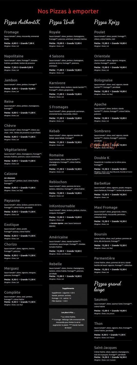 K.pizz — carte page 1
