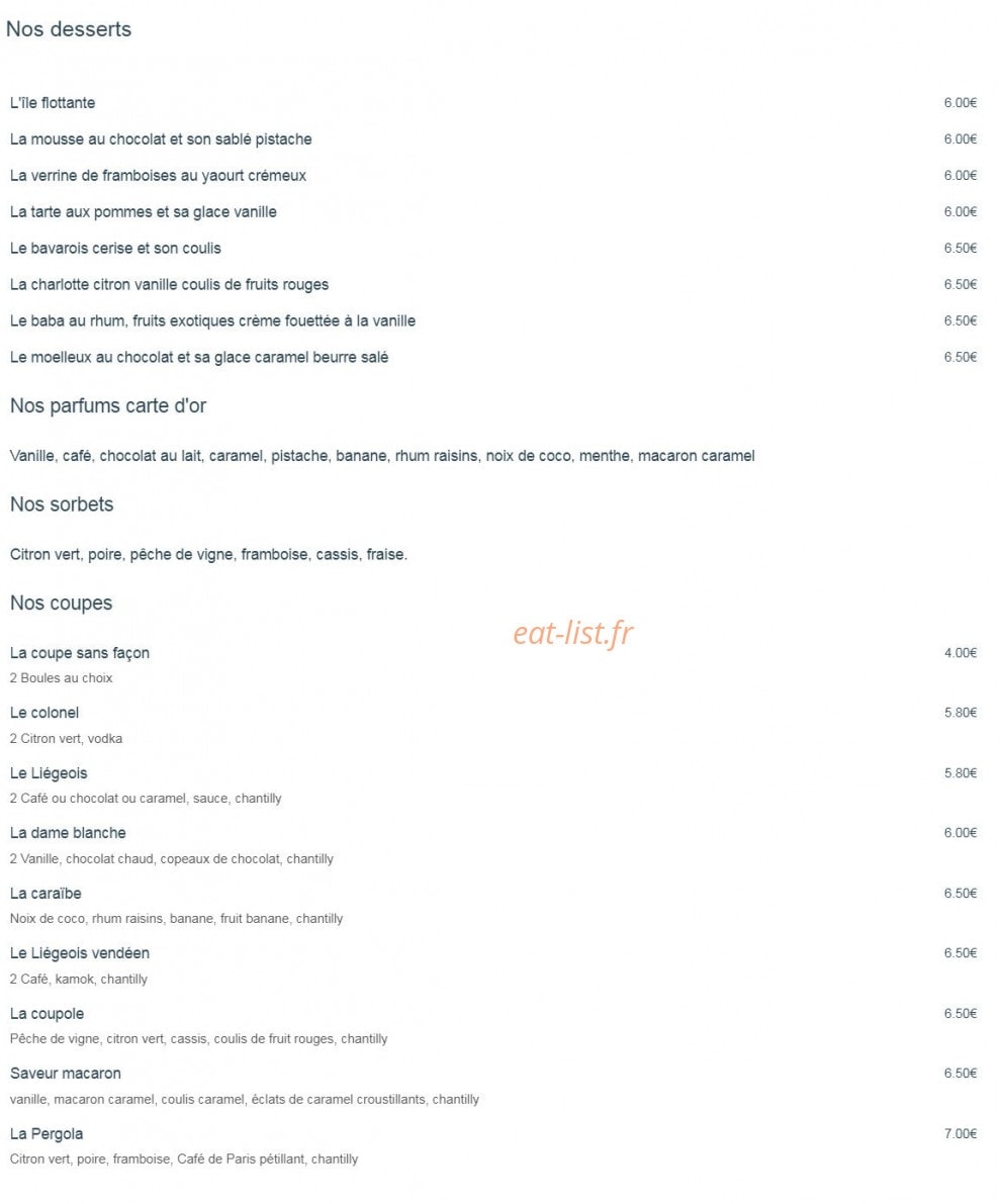 Carte et menu de La Pergola à L' Aiguillon sur Mer — Les desserts, glaces et sorbets