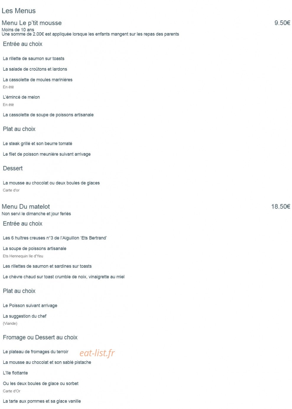 Carte et menu de La Pergola à L' Aiguillon sur Mer — Le menu enfant et menu du matelot