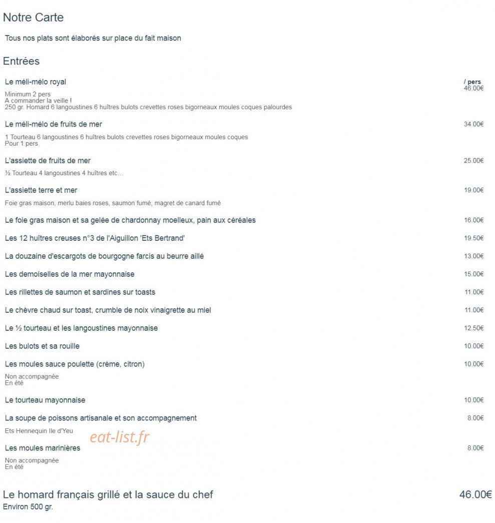 Carte et menu de La Pergola à L' Aiguillon sur Mer — Les entrées