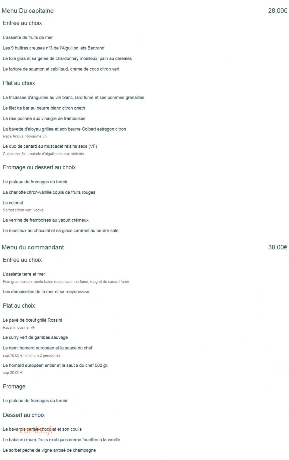Carte et menu de La Pergola à L' Aiguillon sur Mer — Le menu du capitaine et menu du commadant