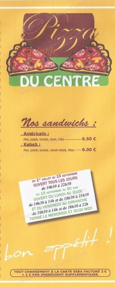 Pizza du centre — carte page 1