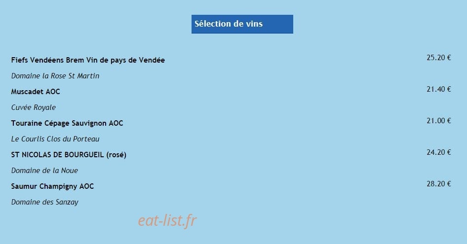 Carte et menu de La Grand'Roche à Bretignolles sur Mer — Le selection des vins