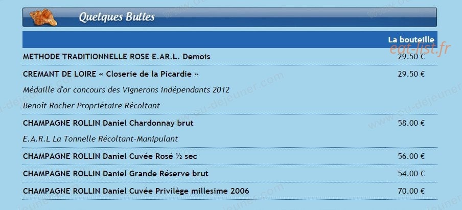 Carte et menu de La Grand'Roche à Bretignolles sur Mer — Quelques bulles