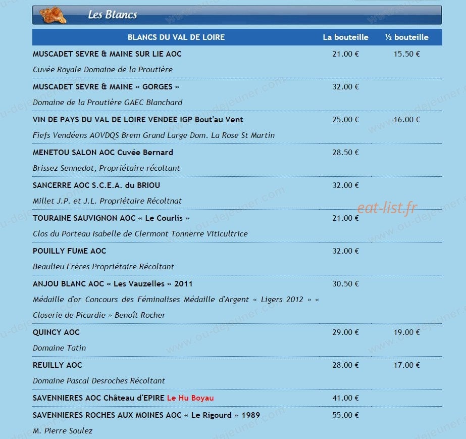 Carte et menu de La Grand'Roche à Bretignolles sur Mer — Les vins blancs