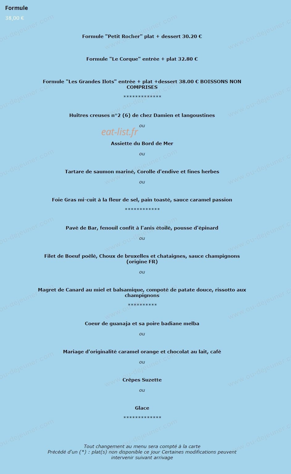 Carte et menu de La Grand'Roche à Bretignolles sur Mer — La formule à 38€