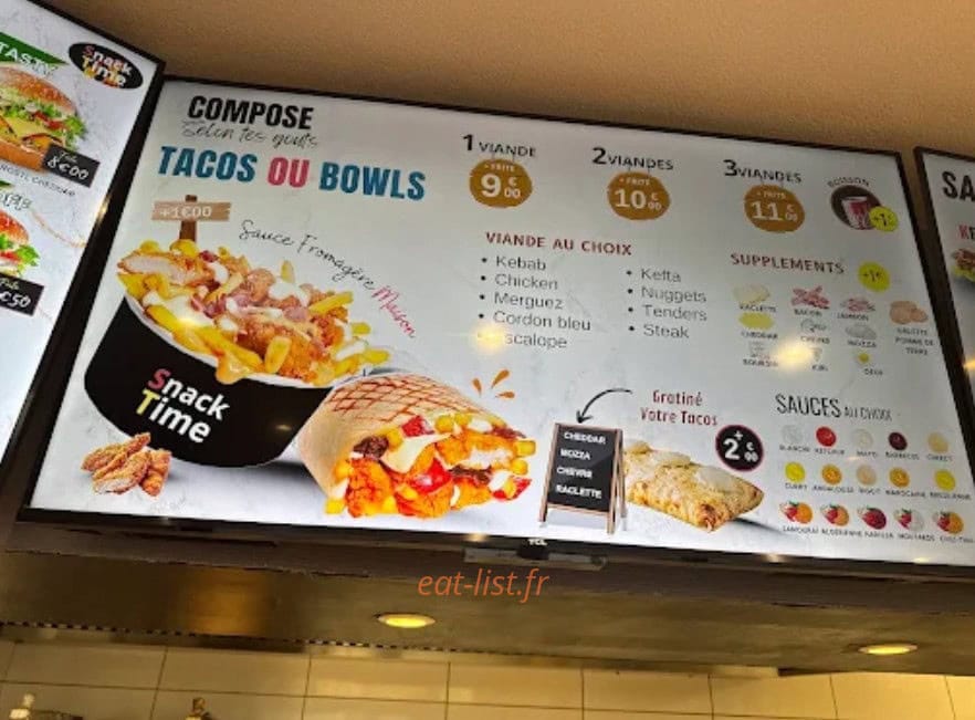 Carte et menu de Snack Time à Les Herbiers — Tacos ou bowl
