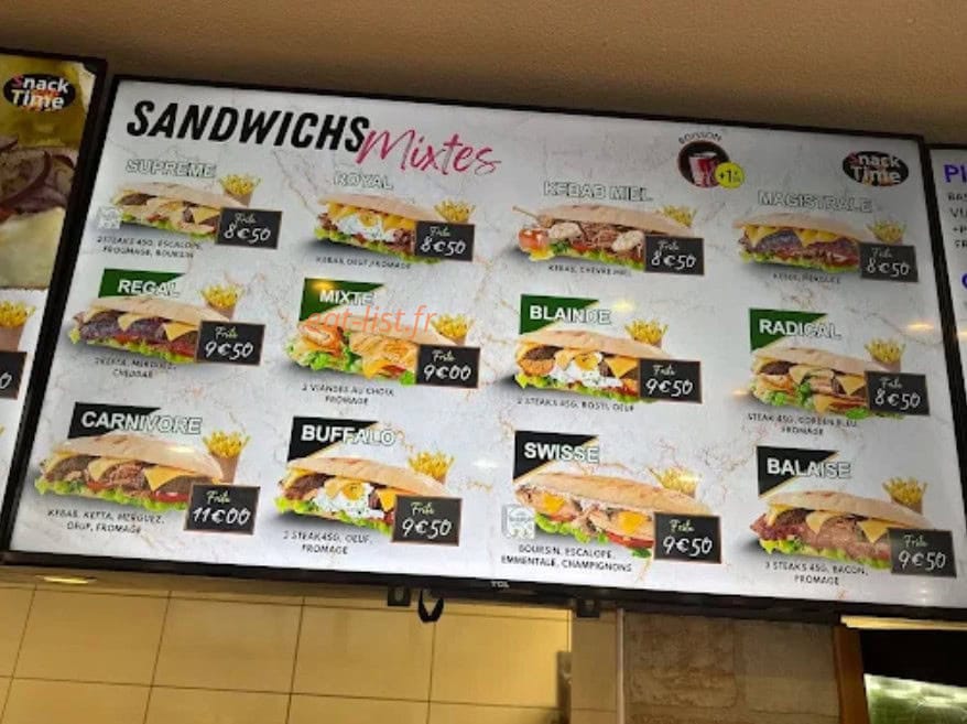 Carte et menu de Snack Time à Les Herbiers — Sandwichs