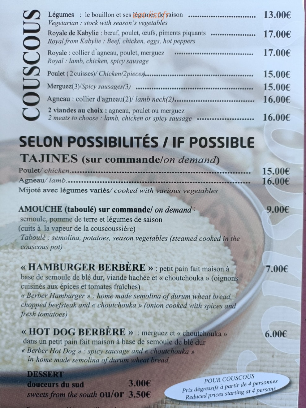 La Couscoussière d'Hocine — carte page 1