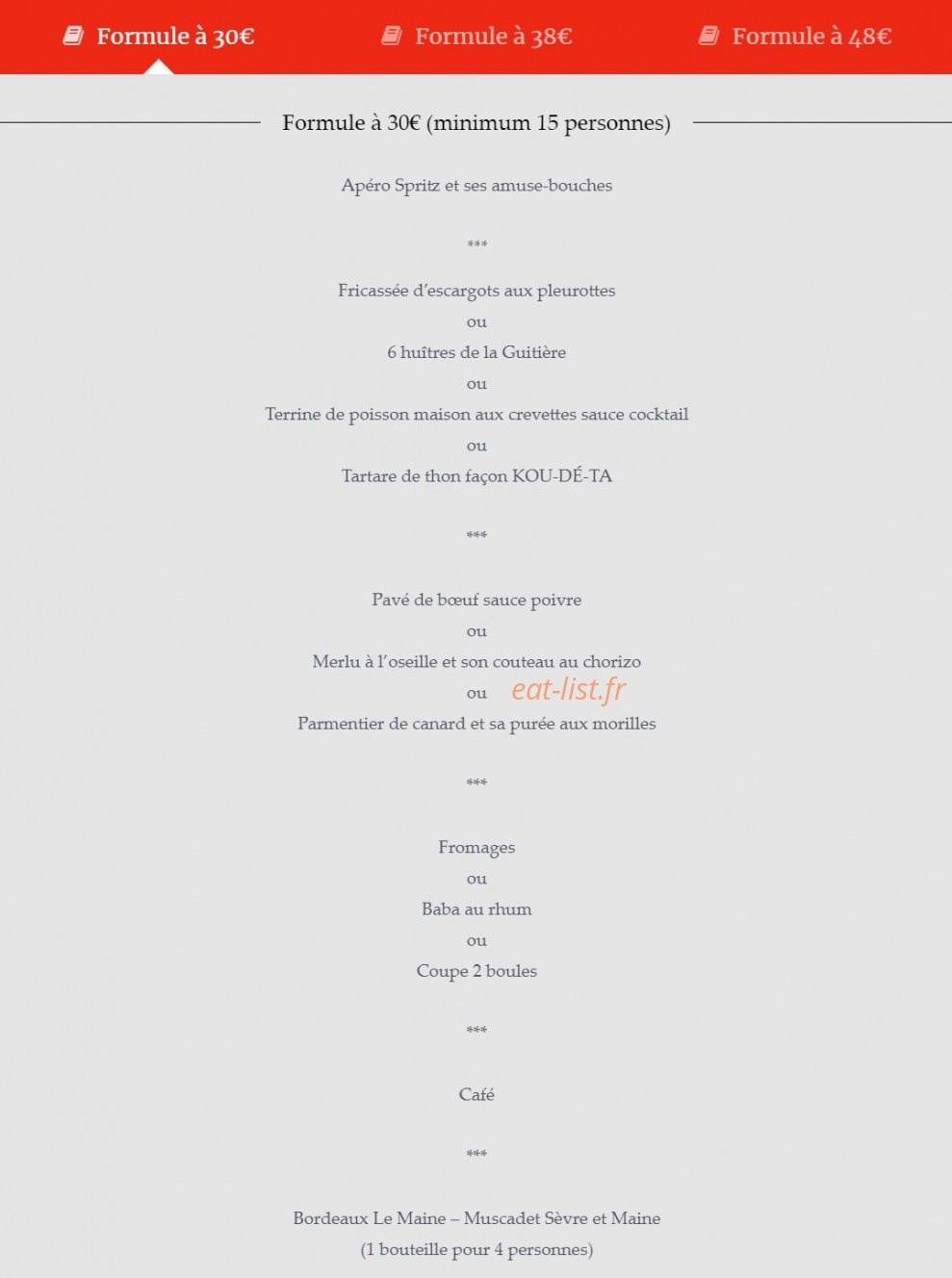 Carte et menu de Le Koudèta à Jard sur Mer — Les formules