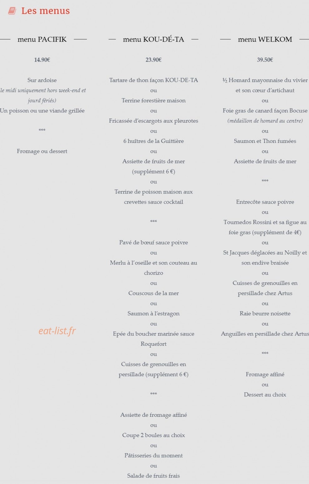 Carte et menu de Le Koudèta à Jard sur Mer — Les menus