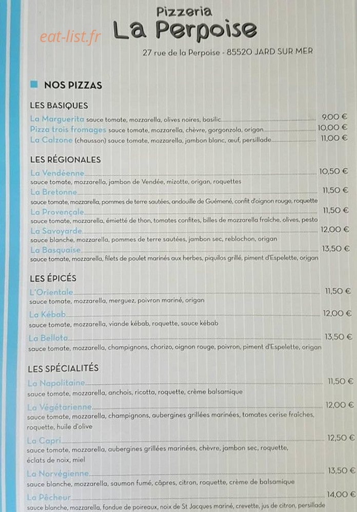 Pizzeria La Perpoise — carte page 1
