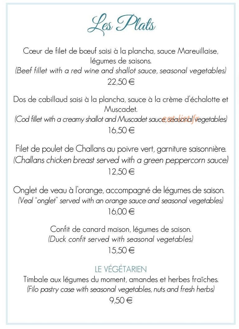 Carte et menu de Auberge de la Court d'Aron à Saint Cyr en Talmondais — Les plats