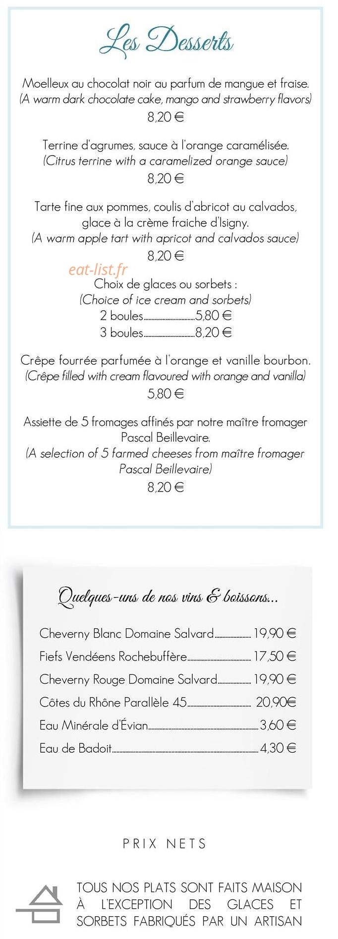 Carte et menu de Auberge de la Court d'Aron à Saint Cyr en Talmondais — les desserts