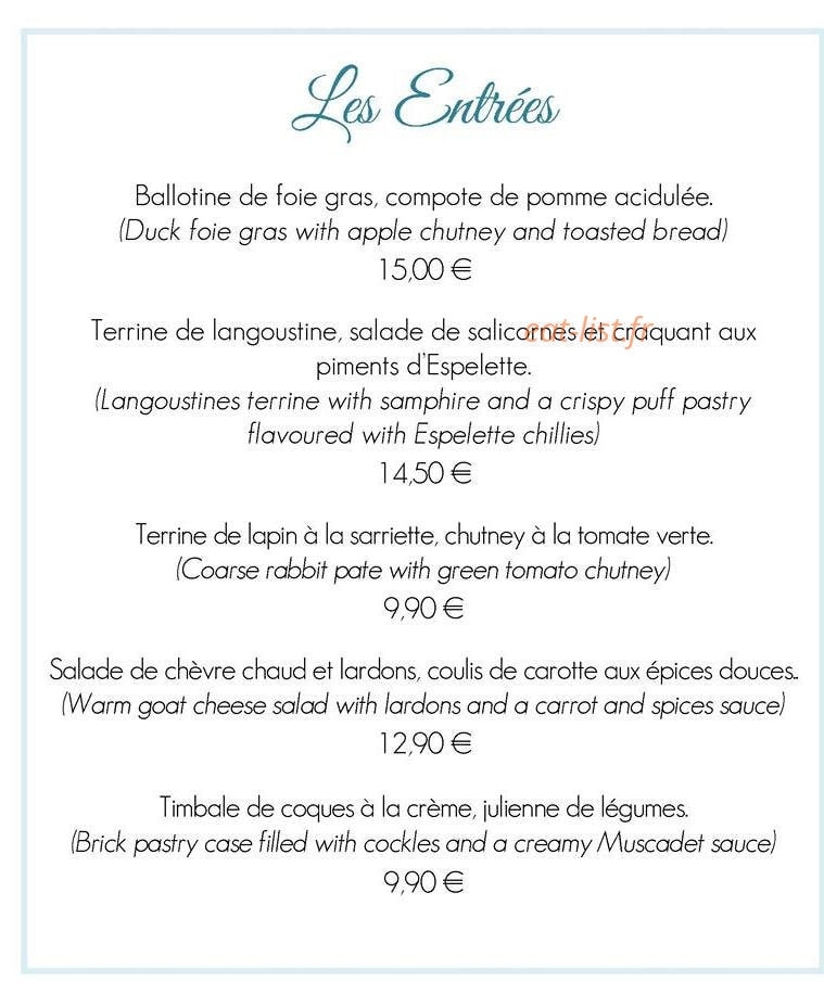 Carte et menu de Auberge de la Court d'Aron à Saint Cyr en Talmondais — les entrées