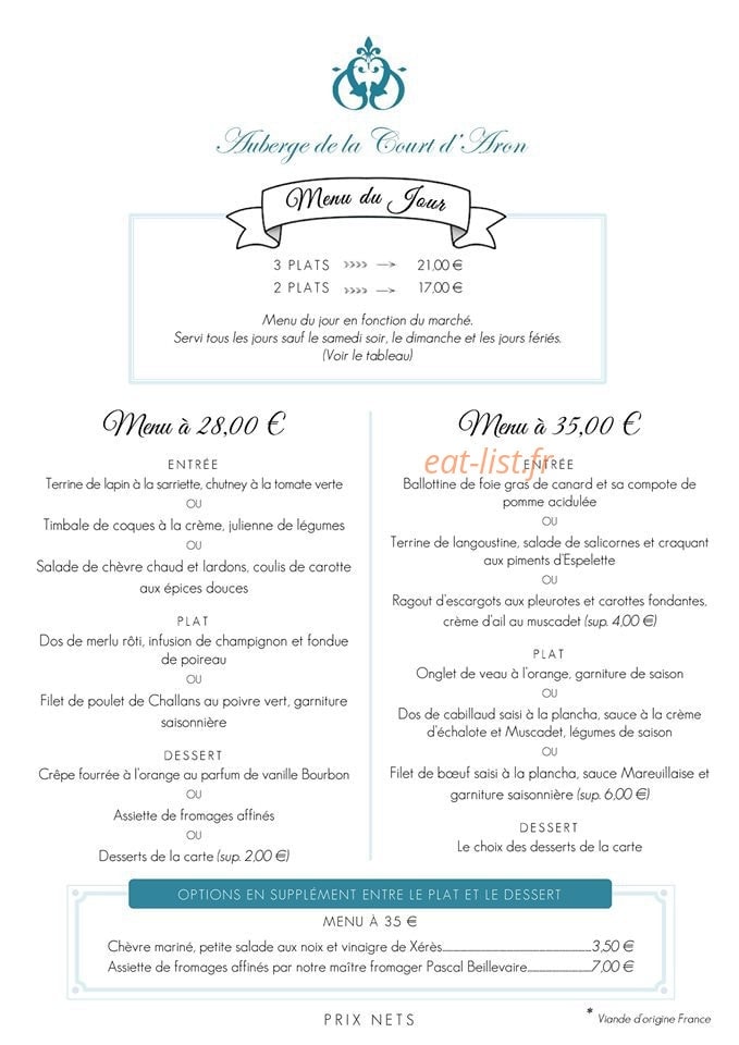 Carte et menu de Auberge de la Court d'Aron à Saint Cyr en Talmondais — Les menus