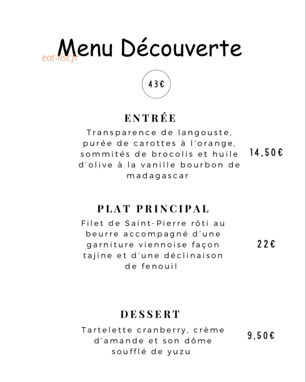 Carte et menu de L'annexe à La Barre de Monts — Menu découverte