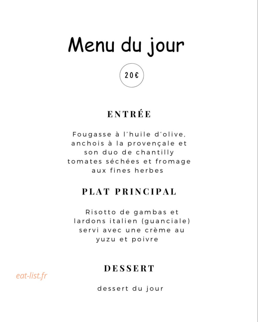 Carte et menu de L'annexe à La Barre de Monts — Menu du jour