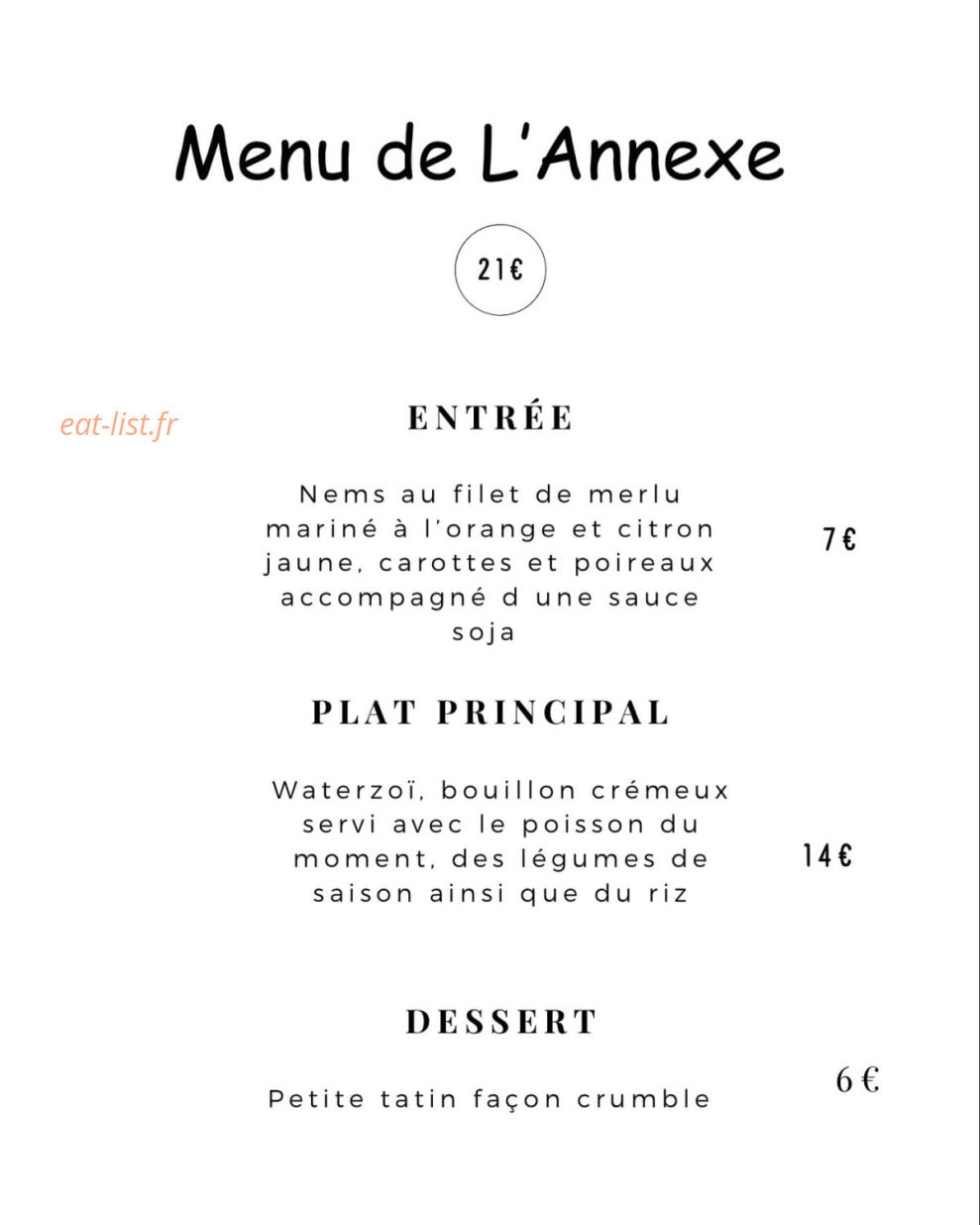Carte et menu de L'annexe à La Barre de Monts — Menu Annexe