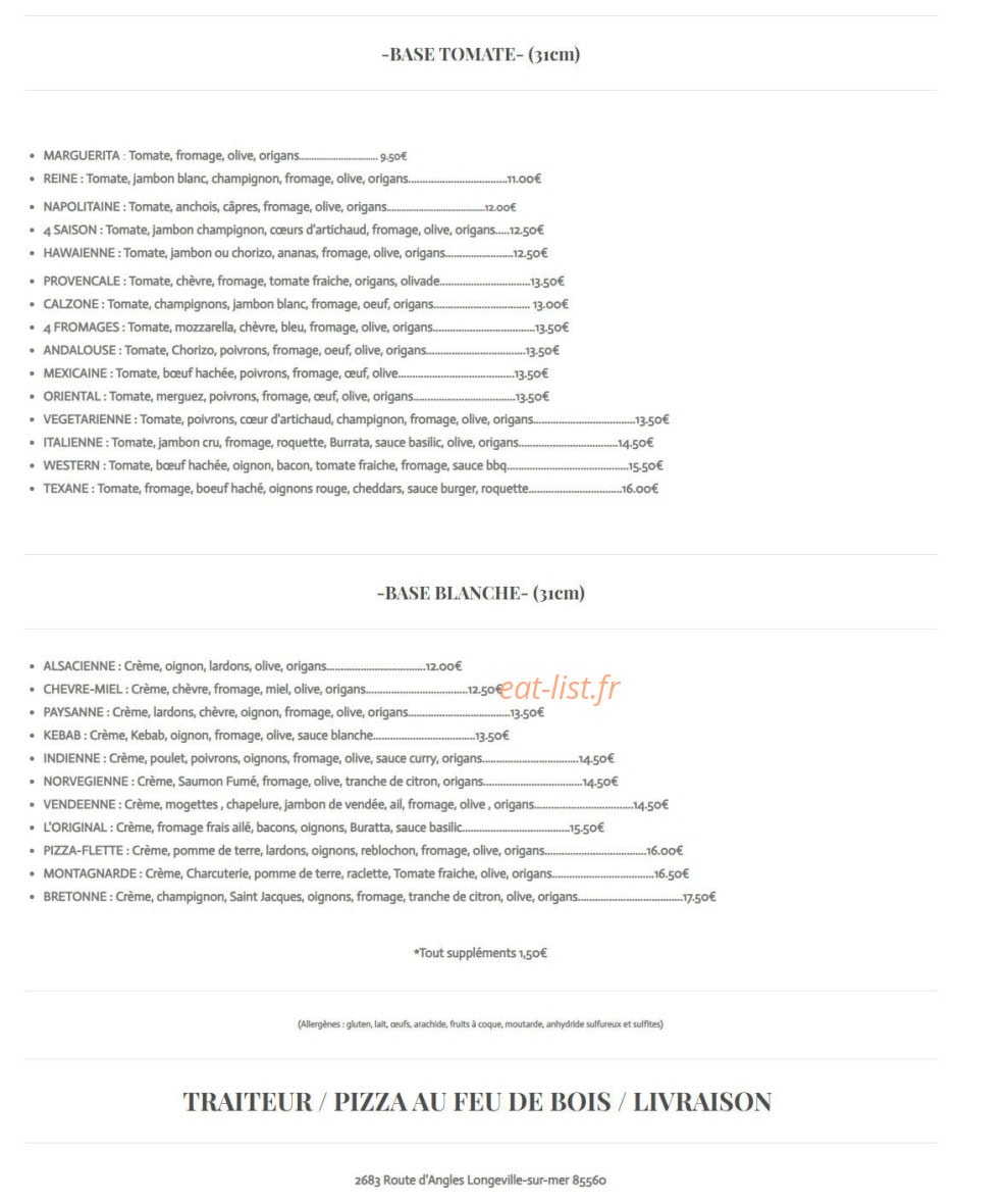 Carte et menu de La Pizza au feu de bois à Longeville sur Mer — Les pizzas