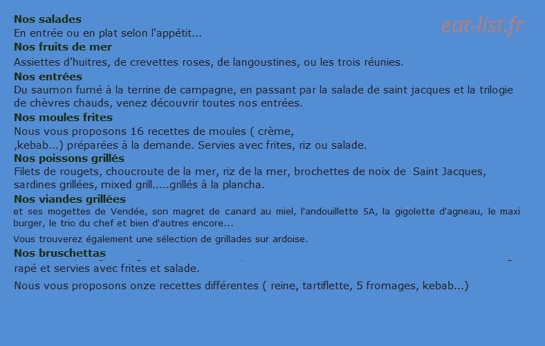 Carte et menu de La Moulerie à Notre Dame de Monts — Les informations sur le menu