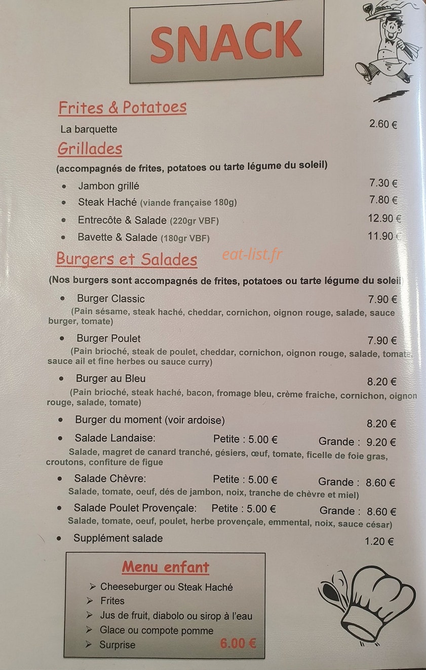 Snack du Lac — carte page 1