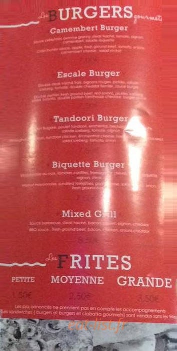Carte et menu de L'escale gourmande à Saint Gilles Croix de Vie — Burgers suite et frites