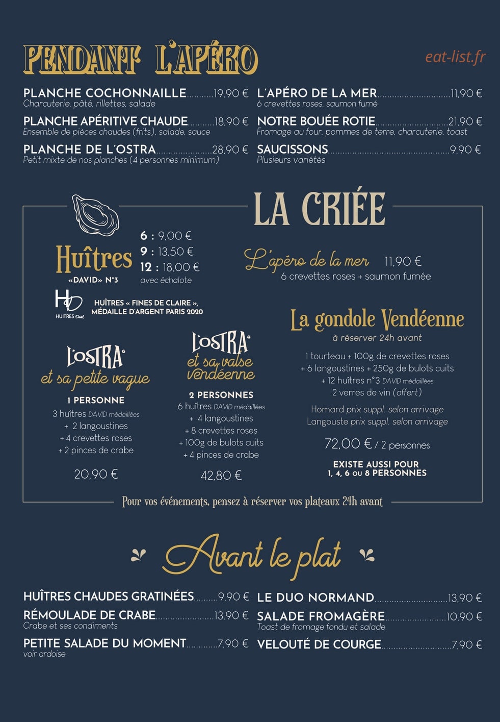 Carte et menu de L’ostra à Saint Gilles Croix de Vie — L'apéro, huitres, ...