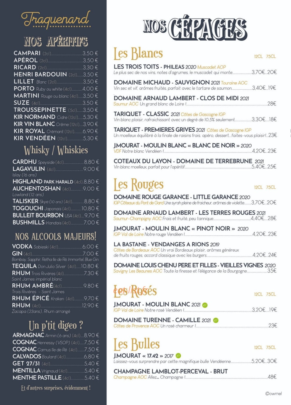 Carte et menu de L’ostra à Saint Gilles Croix de Vie — Les cépages, apéritifs, ...