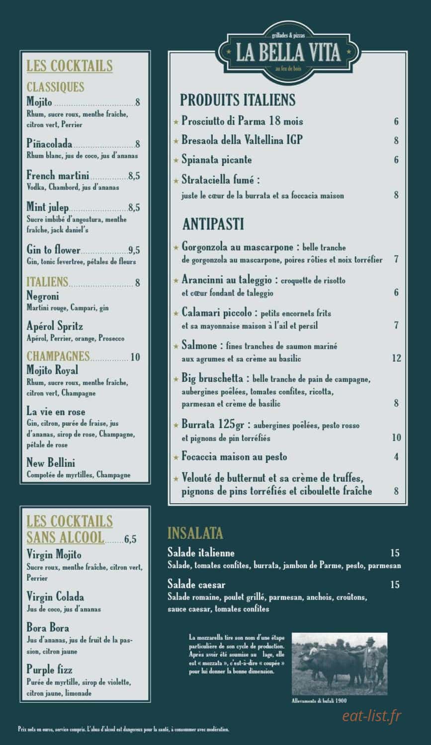 Carte et menu de La Bella Vita à Saint Gilles Croix de Vie — Les salades, cocktails, ...