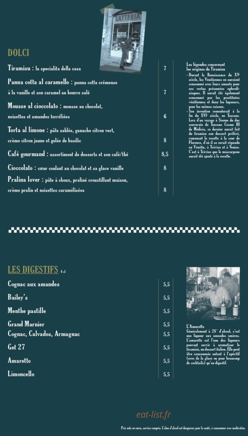 Carte et menu de La Bella Vita à Saint Gilles Croix de Vie — Les desserts et digestifs