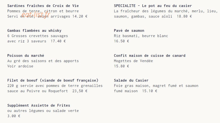 Carte et menu de Le Casier à Saint Gilles Croix de Vie — Les plats