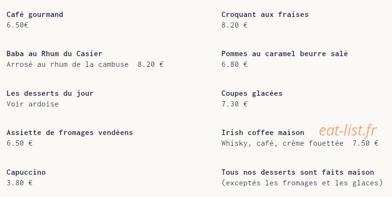 Carte et menu de Le Casier à Saint Gilles Croix de Vie — Les desserts