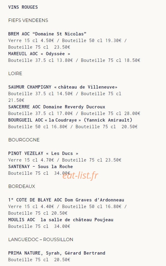 Carte et menu de Le Casier à Saint Gilles Croix de Vie — Les vins rouges