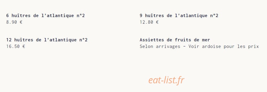 Carte et menu de Le Casier à Saint Gilles Croix de Vie — Les huitres