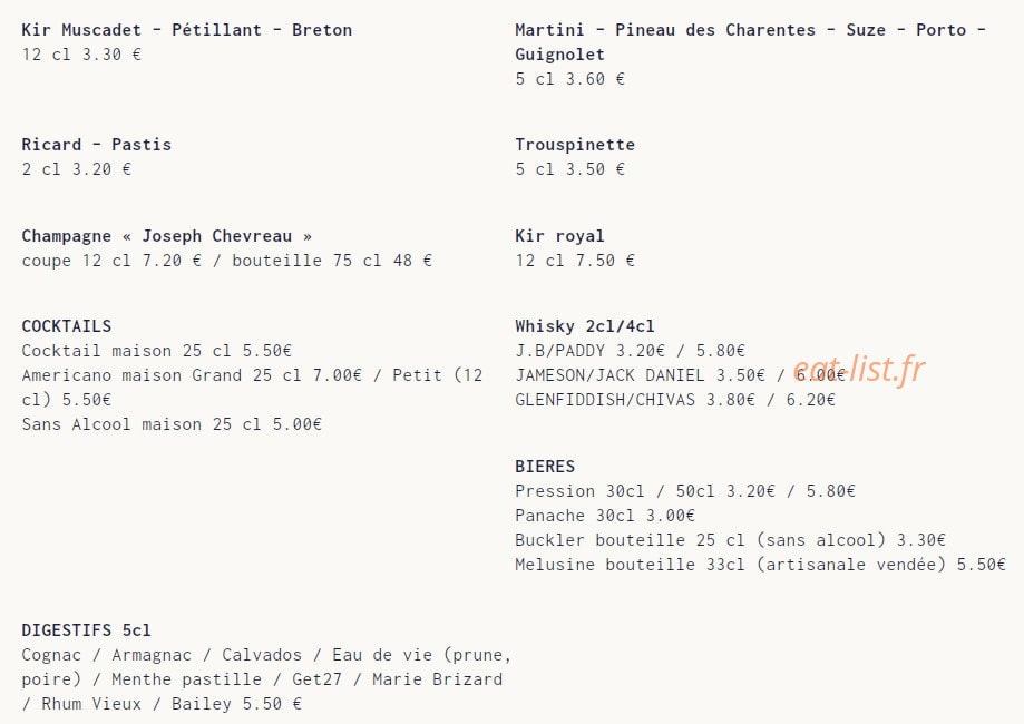 Carte et menu de Le Casier à Saint Gilles Croix de Vie — Les apéritifs
