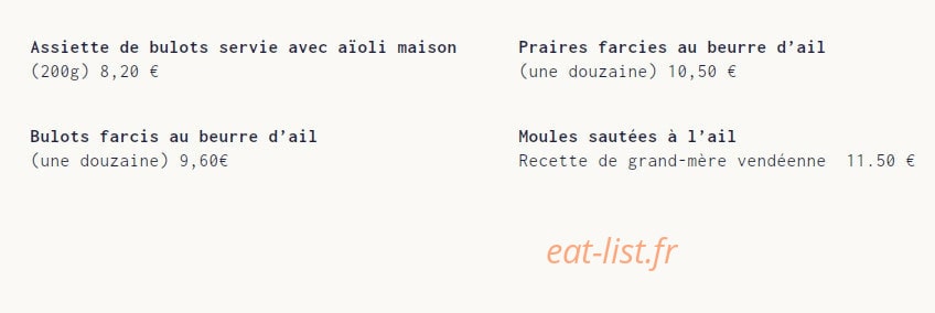 Carte et menu de Le Casier à Saint Gilles Croix de Vie — Les coquillages